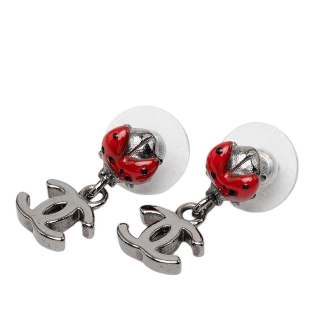 Chanel CC Logo Ladybug Motif Stud Swing Earrings Silver Red